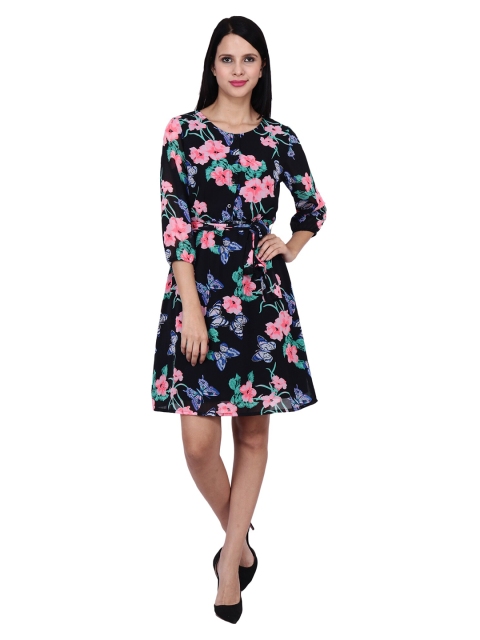 

Frempy Black & Pink Floral Print Round Neck Georgette Mini Dress