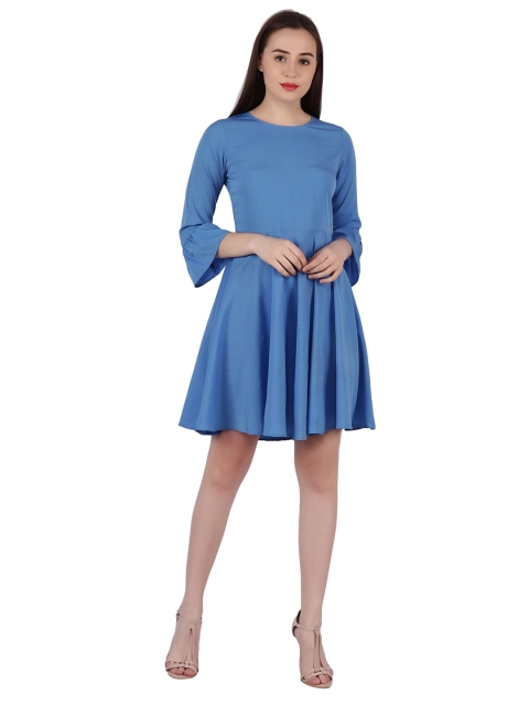 

Frempy Women Blue Solid Fit & Flare Crepe Dress