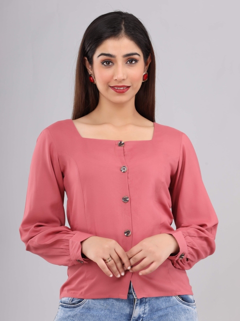 

Fab Star Pink Solid Square Neck Cuffed Sleeve Regular Top