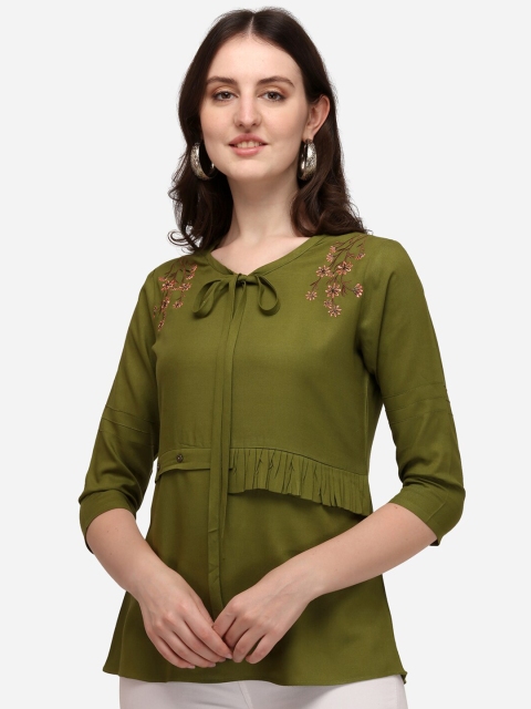 

Prettify Green & Pink Floral Embroidered Tie-Up Neck Pure Cotton Top