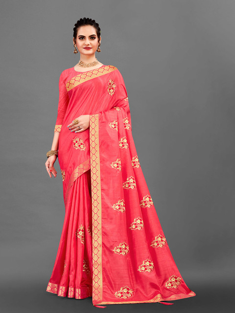 

ZIKARAA Women Pink & Gold-Toned Ethnic Motifs Zari Silk Cotton Saree
