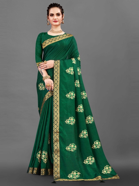 

ZIKARAA Green & Gold-Toned Ethnic Motifs Zari Silk Cotton Saree