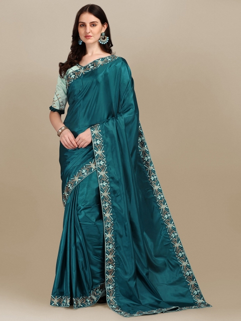 

ZIKARAA Turquoise Blue & Gold-Toned Ethnic Motifs Zari Silk Cotton Saree
