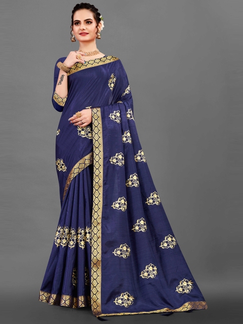 

ZIKARAA Navy Blue & Gold-Toned Ethnic Motifs Zari Silk Cotton Saree