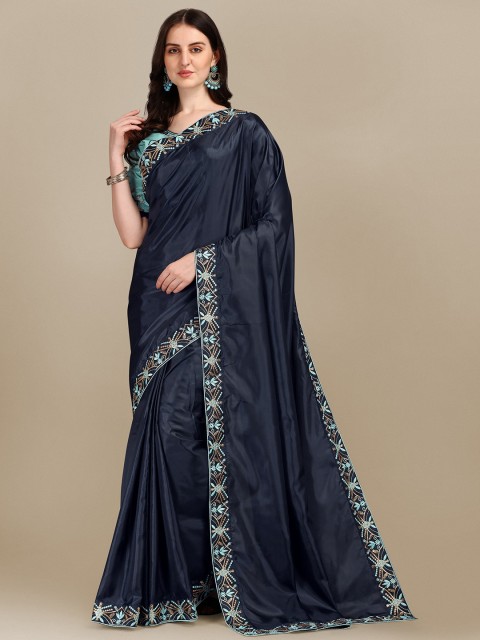 

ZIKARAA Navy Blue & Sea Green Embroidered Silk Cotton Saree