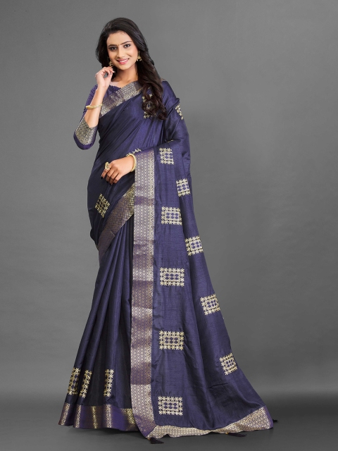 

ZIKARAA Navy Blue & Gold-Toned Ethnic Motifs Zari Silk Cotton Saree