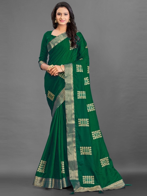 

ZIKARAA Green & Gold-Toned Ethnic Motifs Zari Silk Cotton Saree