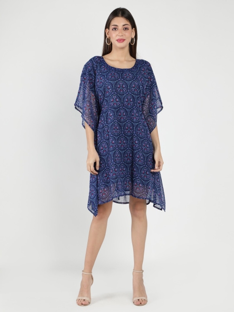 

DEBONATELLA Navy Blue & space cadet Floral Crepe Kaftan Dress