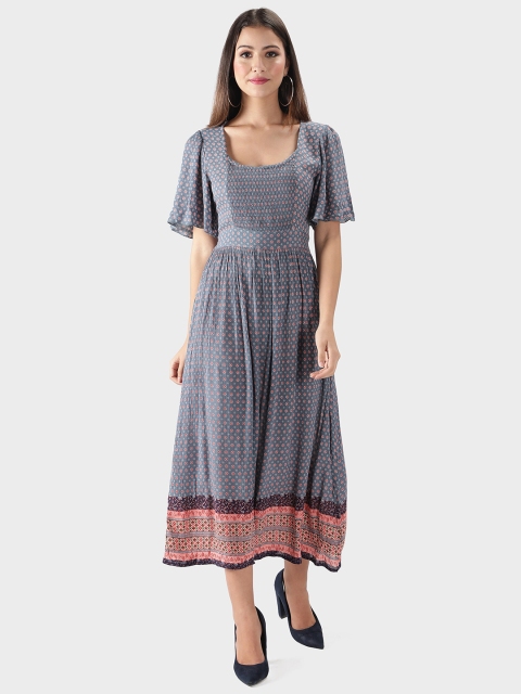 

DEBONATELLA Blue Ethnic Motifs Crepe Midi Dress