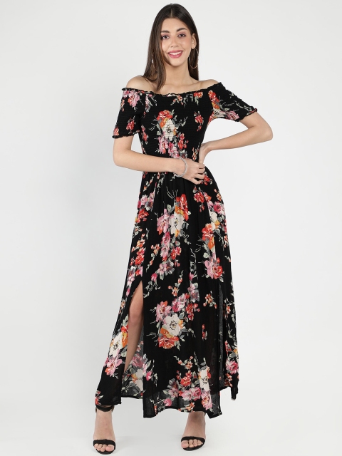 

DEBONATELLA Black Floral Printed Off-Shoulder Crepe Maxi Dress