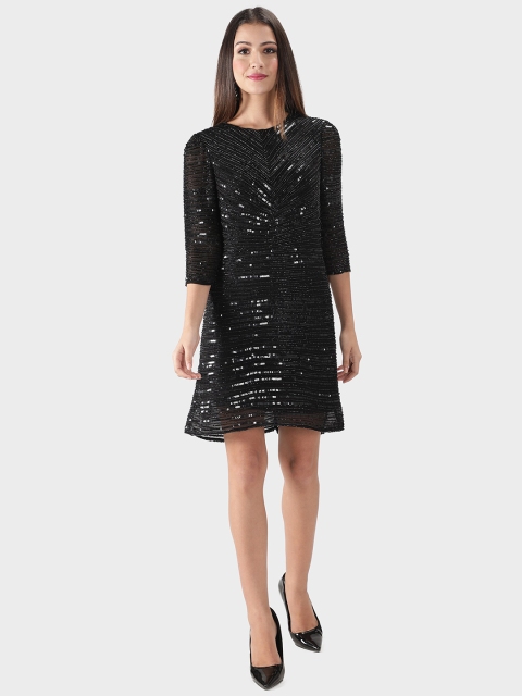 

DEBONATELLA Black & black chocolate Embellished Georgette A-Line Dress