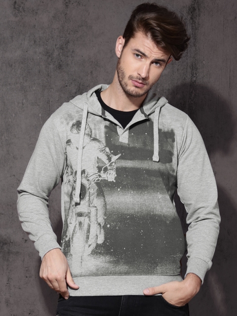 

Roadster Men Grey Melange Printed Hooded Sweatshirt