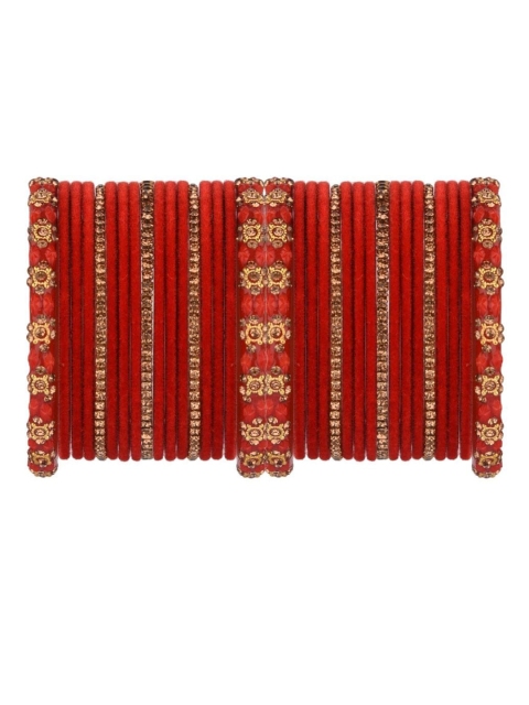 

Efulgenz Set Of 34 Red & Gold-Toned Crystals-Studded Bangles