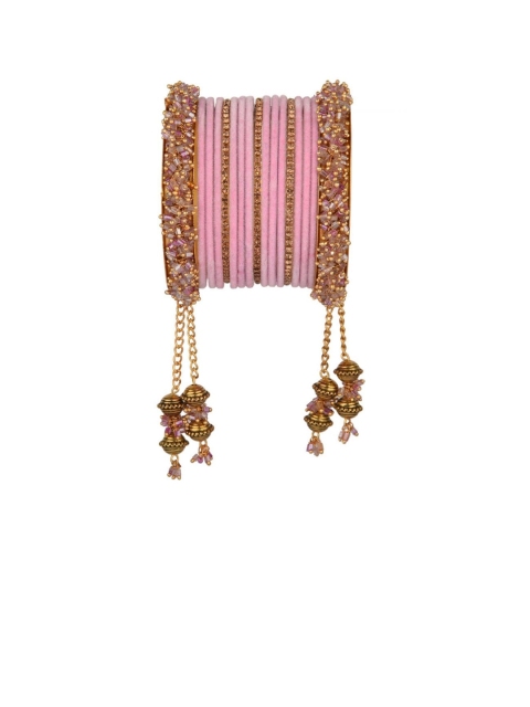 

Efulgenz Set Of 17 Gold-Plated Pink Crystal Studded Antique Bangle