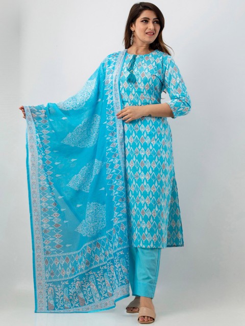 

BARKHA FAB Women Blue Ethnic Motifs Embroidered Angrakha Pure Cotton Kurti with Salwar & With Dupatta