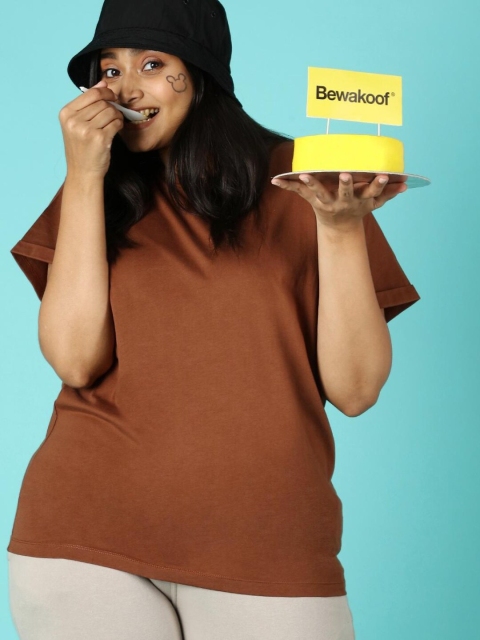 Bewakoof Plus Women Brown Solid Oversized T-shirt