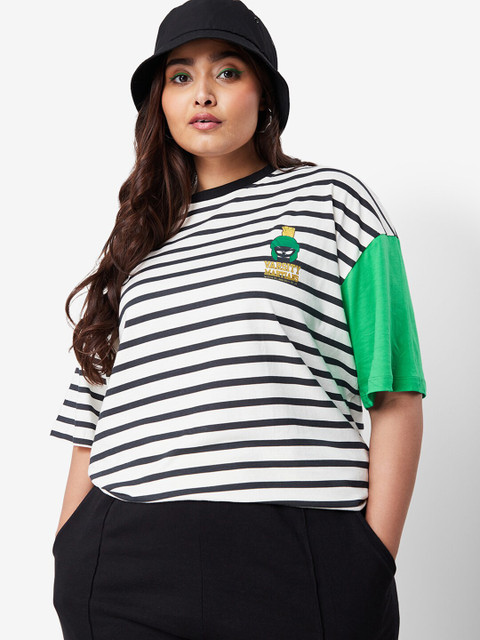 

Bewakoof Plus Women White & Black Striped Loose T-shirt