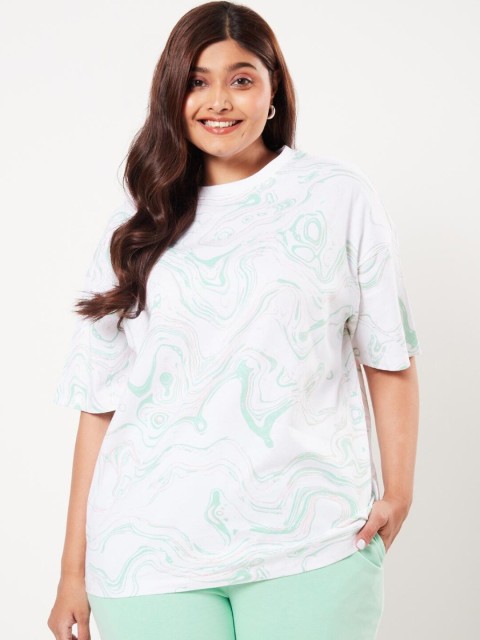 

Bewakoof Women Plus White & Sea Green Printed Drop-Shoulder Oversized T-shirt