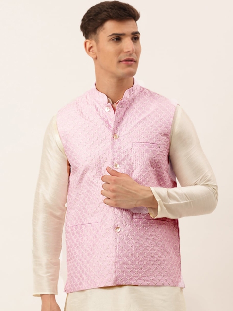 

Jompers Men Pink & White Embroidered Waistcoat