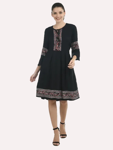 

KEX Women Black Floral Print Tie-Up Neck A-Line Dress