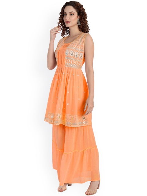 

TORONFRAS Women Orange Ethnic Motifs Embroidered Thread Work Silk Georgette Kurti with Sharara & With