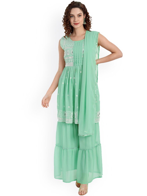 

TORONFRAS Women Turquoise Blue Thread Work Silk Georgette Kurti with Sharara & With Dupatta