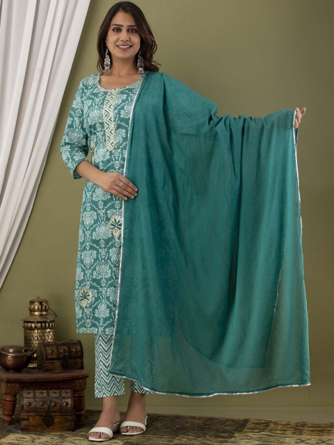 

JAIPUR FASHION MODE Women Sea Green Ethnic Motifs Yoke Design Pleated Pure Cotton Kurti with Trousers & With