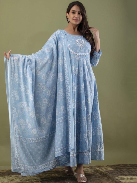

JAIPUR FASHION MODE Women Blue Floral Empire Pure Cotton Kurta with Churidar & Dupatta