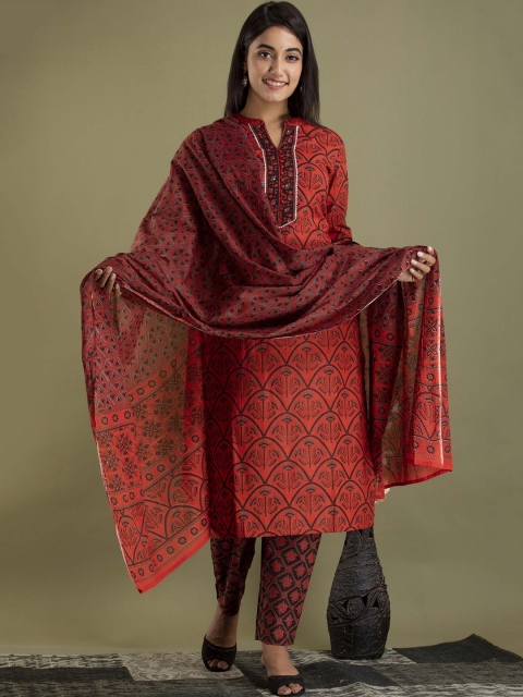 

JAIPUR FASHION MODE Women Maroon Ethnic Motifs Printed Layered Pure Cotton Kurti with Salwar & With Dupatta