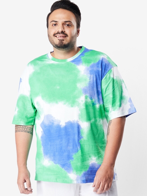 

Bewakoof Plus Men White & Green Tie and Dye Dyed Raw Edge Loose T-shirt