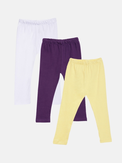 

Kryptic Infant Girls Pack Of 3 Purple, Yellow & White Solid Cotton Ankle-Length Leggings