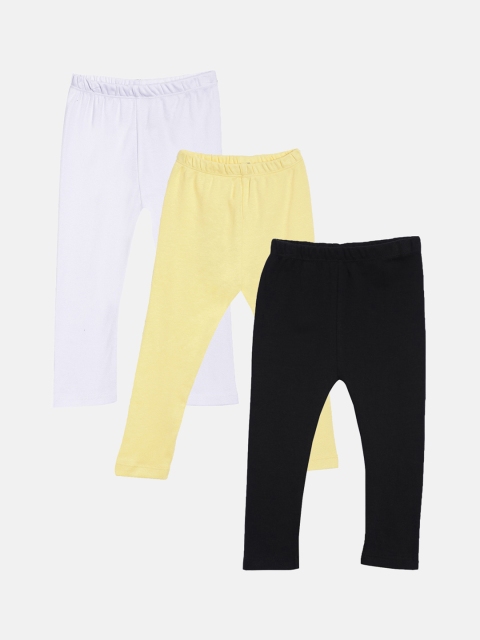 

Kryptic Girls Pack Of 3 White & Yellow Solid Ankle Length Pure Cotton Leggings