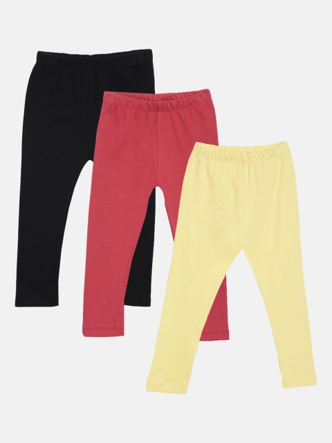 

Kryptic Girls Pack Of 3 Black & Yellow Solid Ankle Length Pure Cotton Leggings, Red