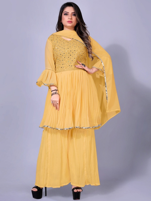 

TORONFRAS Women Yellow Embroidered Empire Silk Georgette Kurta with Sharara & With Dupatta