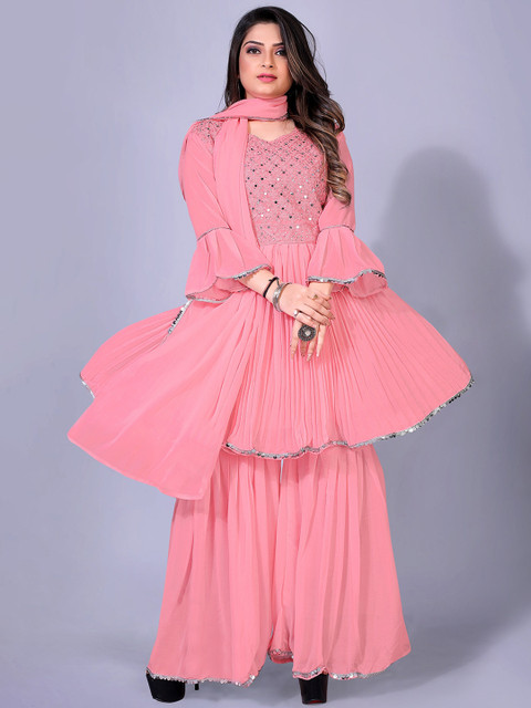 

TORONFRAS Women Pink Layered Mirror Work Silk Georgette Kurta with Sharara & With Dupatta