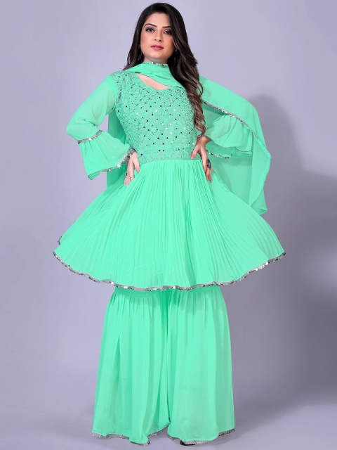 

TORONFRAS Women Turquoise Blue Yoke Design Silk Georgette Kurti with Sharara & Dupatta
