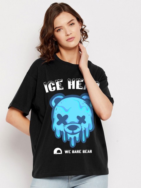 

FRENCH FLEXIOUS Women Black Typography Printed Applique Loose T-shirt
