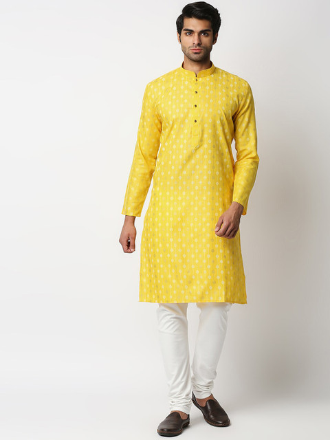 

MEWAR Men Yellow & White Geometric Kurta