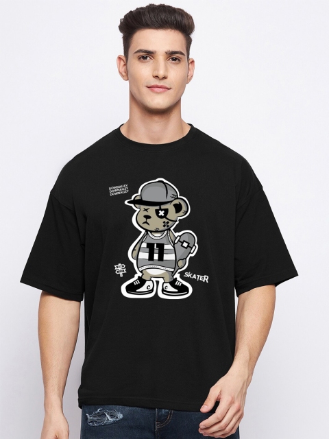 

FRENCH FLEXIOUS Men Black Printed Raw Edge Loose T-shirt