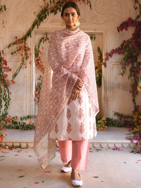 

KARAJ JAIPUR Women Beige Ethnic Motifs Printed Pure Cotton Kurta with Palazzos & With Dupatta