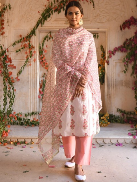 

KARAJ JAIPUR Women Beige Ethnic Motifs Printed Cotton Kurta with Palazzos & With Dupatta