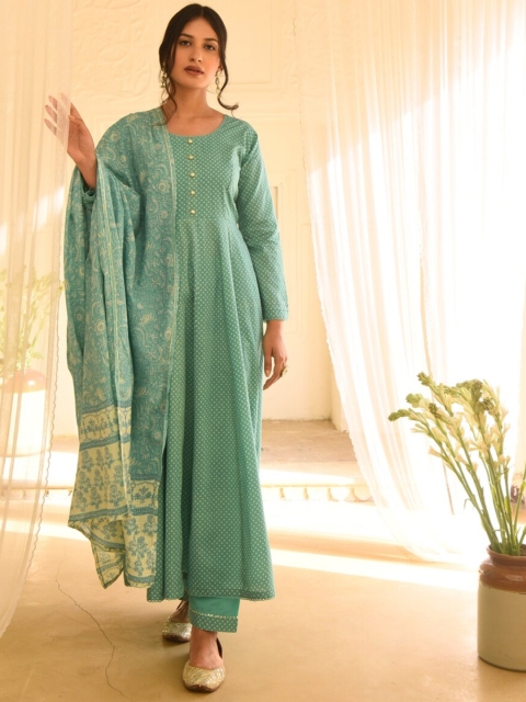 

KARAJ JAIPUR Women Turquoise Blue Empire Pure Cotton Kurti with Trousers & With Dupatta
