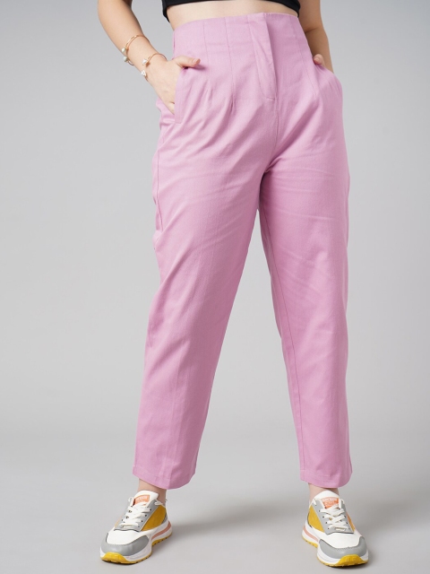 

DressBerry Women Lavender High-Rise Pleated Cotton Trousers