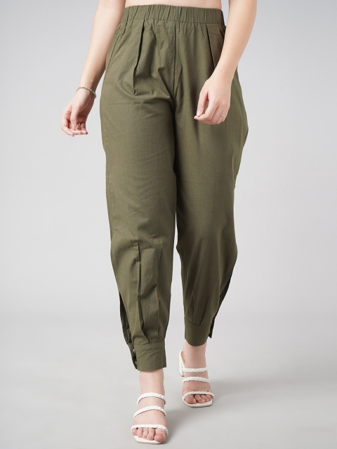 

DressBerry Women Olive Green High-Rise Pleated Joggers Trousers