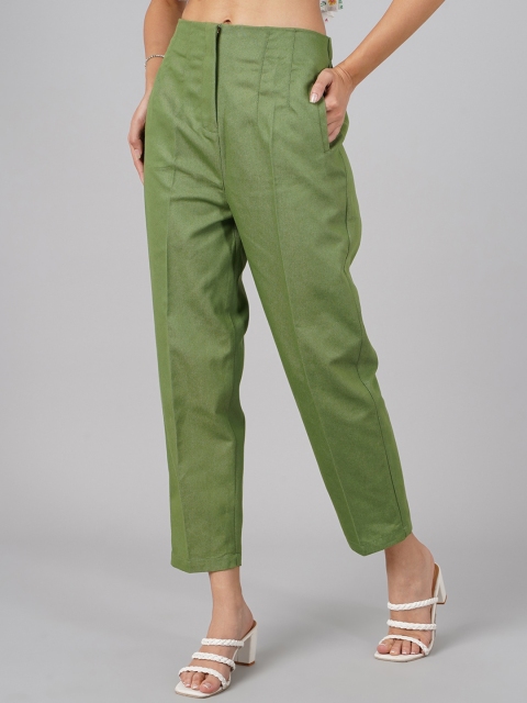 

DressBerry Women Green High-Rise Pure Cotton Tapered-Fit Trousers