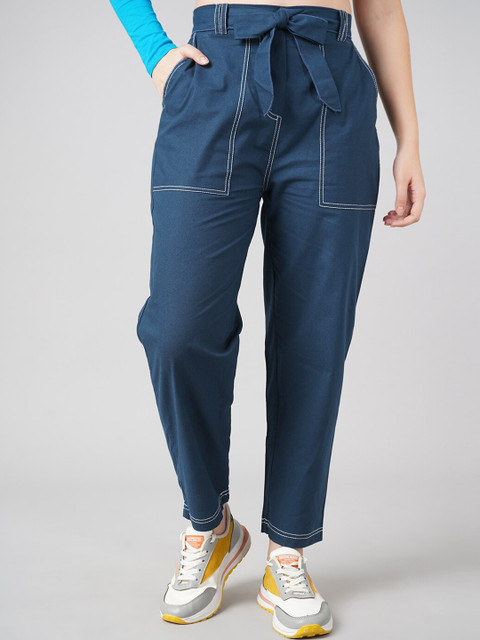 

DressBerry Women Navy Blue High-Rise 100% Cotton Pleated Trousers