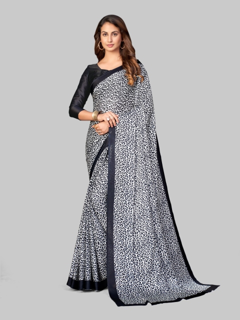 

7TH FAB Women Black & White Animal Print Satin Saree