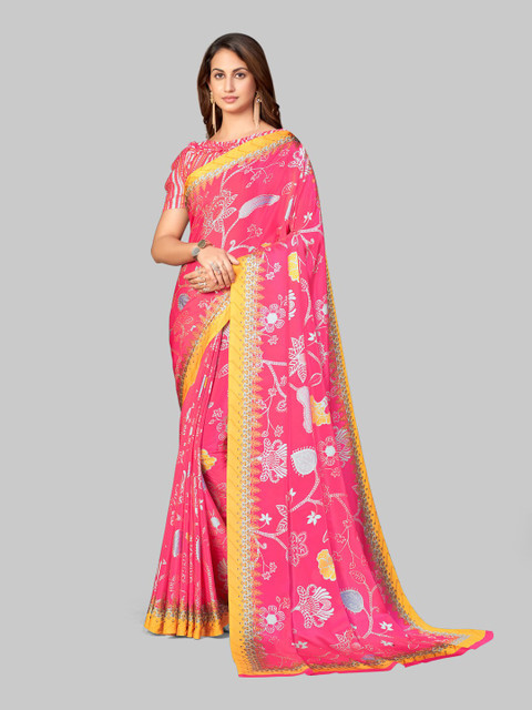 

7TH FAB Pink Floral Satin Saree