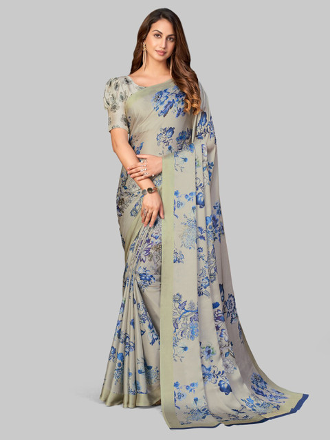 

7TH FAB Grey & Blue Floral Satin Saree