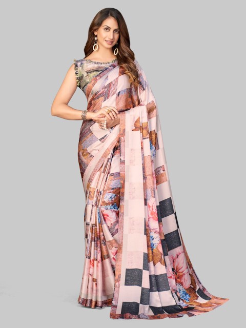 

7TH FAB Peach-Coloured & Purple Floral Satin Saree